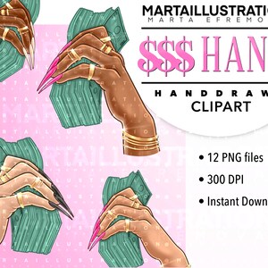 Pu&ograve; includere: Tre mani con unghie lunghe e curate tengono mazzi di denaro. Le mani indossano anelli e braccialetti d'oro. Lo sfondo &egrave; un motivo rosa e bianco con il testo "MARTAILUSTRATION MARTA EFREMOVA $$$ HAND HAND DRAWN CLIPART" in nero e rosa.