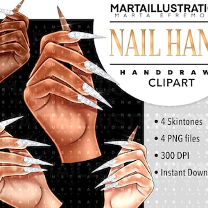 Puede incluir: Cuatro ilustraciones digitales de manos con uñas largas, blancas y brillantes. Las manos están en diferentes poses y las uñas están decoradas con diferentes diseños. Las ilustraciones están en un estilo de dibujos animados y son perfectas para usar en diseños de arte de uñas, publicaciones en redes sociales u otros proyectos creativos.