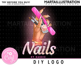 May include: A pink and white logo design for a nail salon. The logo features a hand holding a nail file, nail polish, and a nail clipper. The text "Nails by Barbie" is written in pink and white with a sparkly effect. The logo also includes the text "DIY Logo" and a pink circle with the text "Personalize with Coryl" and a gear icon.