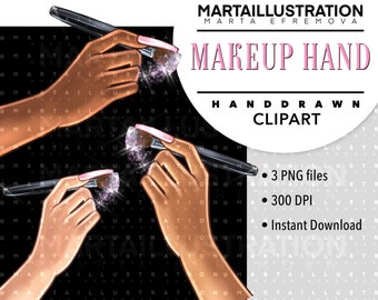 May include: Two hands holding makeup brushes with sparkling glitter. The hands are brown and the brushes are black with pink handles. The background is black with white text that says "MARTAILLUSTRATION MARTA EFREMOVA MAKEUP HAND HAND DRAWN CLIPART".