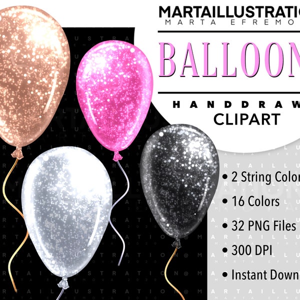 BALLOON CLIPART, GLAM balloon ClipArt, balloon png, planner png, party ClipArt, flyer ClipArt, hand drawn ClipArt, digital illustration