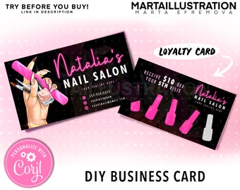 May include: A pink and black business card for a nail salon called "Natalia's Nail Salon". The card features a hand with pink nail polish and a nail file. The card also includes a loyalty card with the text "Receive $10 off your 5th visit".