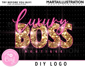May include: A pink and gold graphic design with the text "Luxury Boss" and the words "Boutique" and "DIY Logo". The design is on a black background with a repeating pattern of the word "Martaillustration".