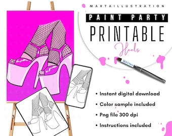 Tacones IMPRIMIBLES EN LIENZO, Lienzo prediseñado, Lienzo prediseñado, Lienzo delineado, Beber y pintar, Kit de pintura, Pintura en lienzo, Fiesta de pintura DIY