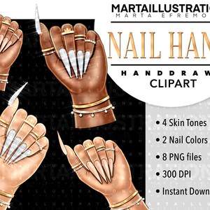 Puede incluir: Cuatro ilustraciones de manos diferentes con varios diseños de uñas y joyas de oro. Cada mano tiene un tono de piel y un color de uñas diferentes. La imagen incluye el texto "NAIL HAND HAND DRAWN CLIPART".