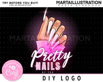 May include: A pink and white logo design for a nail salon called "Pretty Nails by You". The logo features a hand with long, white acrylic nails and a pink glitter background. The text "DIY Logo" is at the bottom of the image.