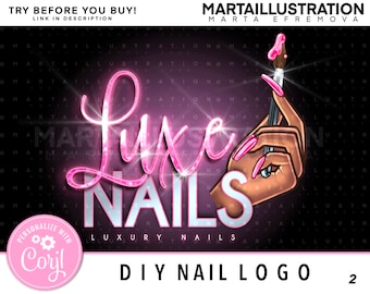 May include: Pink and white logo design for a nail salon called "Luxe Nails". The logo features a hand with pink nails holding a paintbrush with pink polish. The text "Luxe Nails" is in a sparkly pink font with a white outline. The text "DIY Nail Logo" is also included in the design.