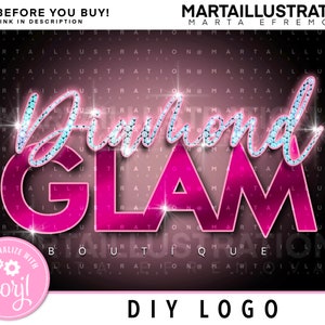 Könnte beinhalten: Rosa-weißes Logo-Design mit dem Text "Diamond Glam" in einer funkelnden Schriftart. Das Logo ist von einem schwarzen Hintergrund mit einem sich wiederholenden Muster des Textes "Marta Illustration" umgeben. Der Text "DIY Logo" befindet sich am unteren Rand des Bildes.