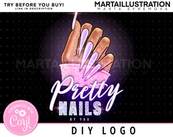 May include: A logo design featuring a hand with long, lavender-colored nails, emerging from a pink cup. The words "Pretty Nails" are in a stylish font, with "BY YOU" below. The design includes the text "DIY LOGO" and "TRY BEFORE YOU BUY! LINK IN DESCRIPTION".