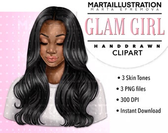 May include: Digital illustration of a woman with long black hair, wearing a white shirt. The illustration is in a cartoon style and has a pink background. The text "GLAM GIRL" is written in large pink letters above the woman's head. The text "HAND DRAWN CLIPART" is written in smaller pink letters below the woman's head.