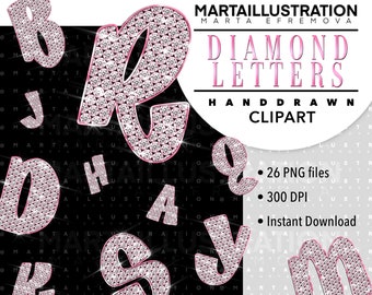 May include: A set of 26 diamond-encrusted letters in pink and white, with a black background. The letters are hand-drawn and have a sparkly, glittery appearance. The text "DIAMOND LETTERS" is written in pink at the top of the image. The text "HAND DRAWN CLIPART" is written in black below the letters. The text "26 PNG files", "300 DPI", and "Instant Download" are listed below the text "HAND DRAWN CLIPART".