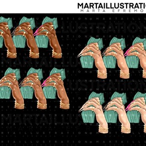 Pu&ograve; includere: Un'illustrazione digitale di quattro mani che tengono mazzi di banconote. Le mani indossano braccialetti e anelli d'oro. Il denaro &egrave; verde e ha uno sfondo bianco. Lo sfondo &egrave; nero.