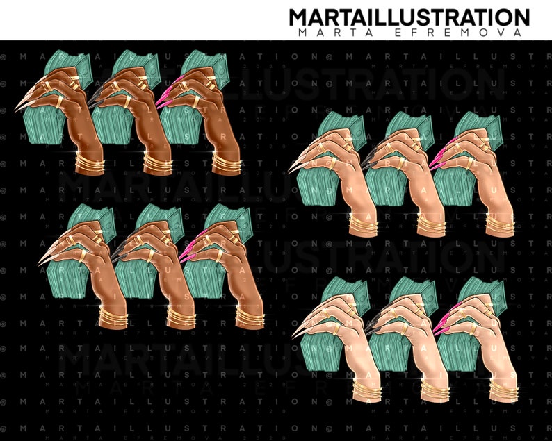 Pu&ograve; includere: Un'illustrazione digitale di quattro mani che tengono mazzi di banconote. Le mani indossano braccialetti e anelli d'oro. Il denaro &egrave; verde e ha uno sfondo bianco. Lo sfondo &egrave; nero.