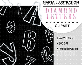 May include: A set of 26 alphabet letters designed as diamond shapes. Each letter is made of white diamonds on a black background. The letters are arranged in a random pattern. The text "DIAMOND LETTERS" is written in pink letters on a white background. The text "HAND DRAWN CLIPART" is written in black letters on a white background. The text "26 PNG files", "300 DPI", and "Instant Download" is written in black letters on a white background.