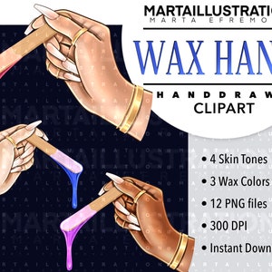 Puede incluir: Cuatro ilustraciones de manos sosteniendo palos de madera con cera goteando. La cera es rosa, azul y morada. Las manos son de diferentes tonos de piel. El texto "WAX HAND" est&aacute; en la parte superior de la imagen. El texto "HAND DRAWN CLIPART" est&aacute; debajo de la imagen. El texto "4 Skin Tones", "3 Wax Colors", "12 PNG files", "300 DPI" y "Instant Download" est&aacute; listado debajo de la imagen.