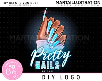 May include: A DIY logo design template featuring a hand with long, blue, glittery nails. The text "Pretty Nails" is in a sparkly font with the words "By You" below. The logo is surrounded by a black background with the text "Marta Illustration" and "Marta Efremova" at the top.
