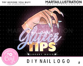 May include: A pink and gold glitter design with the text "Glitter Tips" and "Luxury Nails" on a black background. The design also includes a hand with long, glittery nails and a pink circle with the text "Personalize with Coryl" and a gear icon.