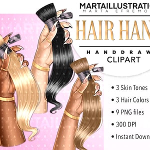 May include: An illustration featuring three hands, each holding a bundle of hair in blonde, black, and light brown. The hands have varying skin tones and gold jewellery. The image includes the text "HAIR HAND" and "HAND DRAWN CLIPART".