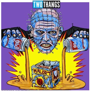 May include: A cartoon illustration of a character with a blue face and a grid of metal pins on their head, pouring two cans of Old Style beer into a bottle of Malört liquor. The background is purple with yellow and orange starbursts.