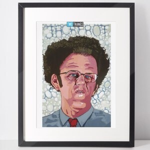 Puede incluir: Impresión artística enmarcada que presenta un retrato de un hombre con cabello castaño rizado, gafas y una corbata roja. La obra de arte tiene un fondo azul claro con un patrón de burbujas y el texto "TWO THANGS" en la parte superior.