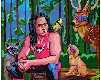 Bret Hart and Animals Art Print, Wrestling Wall Decor