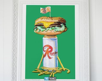 Seattle Foodie Art Print – Dick's Cheeseburger & Rainier Beer Mashup (11x17)