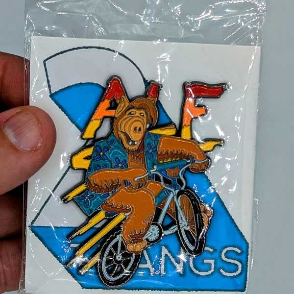 Alf and Rad BMX bike hard enamel pin, funny eighties clothing accessory, skateboarding lapel pin flair, retro funny jewelry, punk skate art