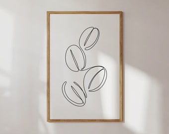 Minimal Line Art, Coffee Beans Print, PRINTABLE Wall Art, Kitchen Prints, One line drawing