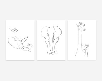 Set of 3 Nursery Wall Art, Animal Print Line Drawing, Safari Nursery, Minimalist Kids Room Art Decor, Minimal Nursery, Modern Nursery Art