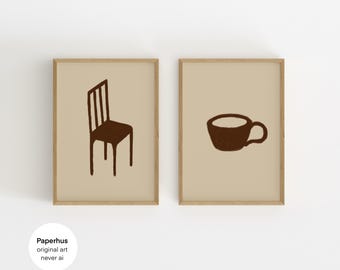Print Set Of 2 | Handmade Posters | Wooden Chair & Coffee Cup Print  (Digital Download)