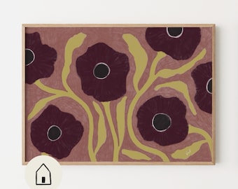 Handmade Botanical Printable Wall Art, Poppy Poster Digital Download
