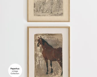 Vintage Wand Kunst | Set Aus 2 Drucken | Pferd & Wald Gemälde | Antike Downloads | Digitale Produkte