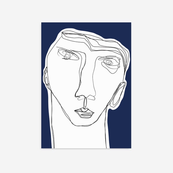 Abstract Face Print, Blue Navy Abstract Art, Line Drawing, Scandinavian Wall Art, Poster, Minimalist Printable Wall Art, Modern Prints