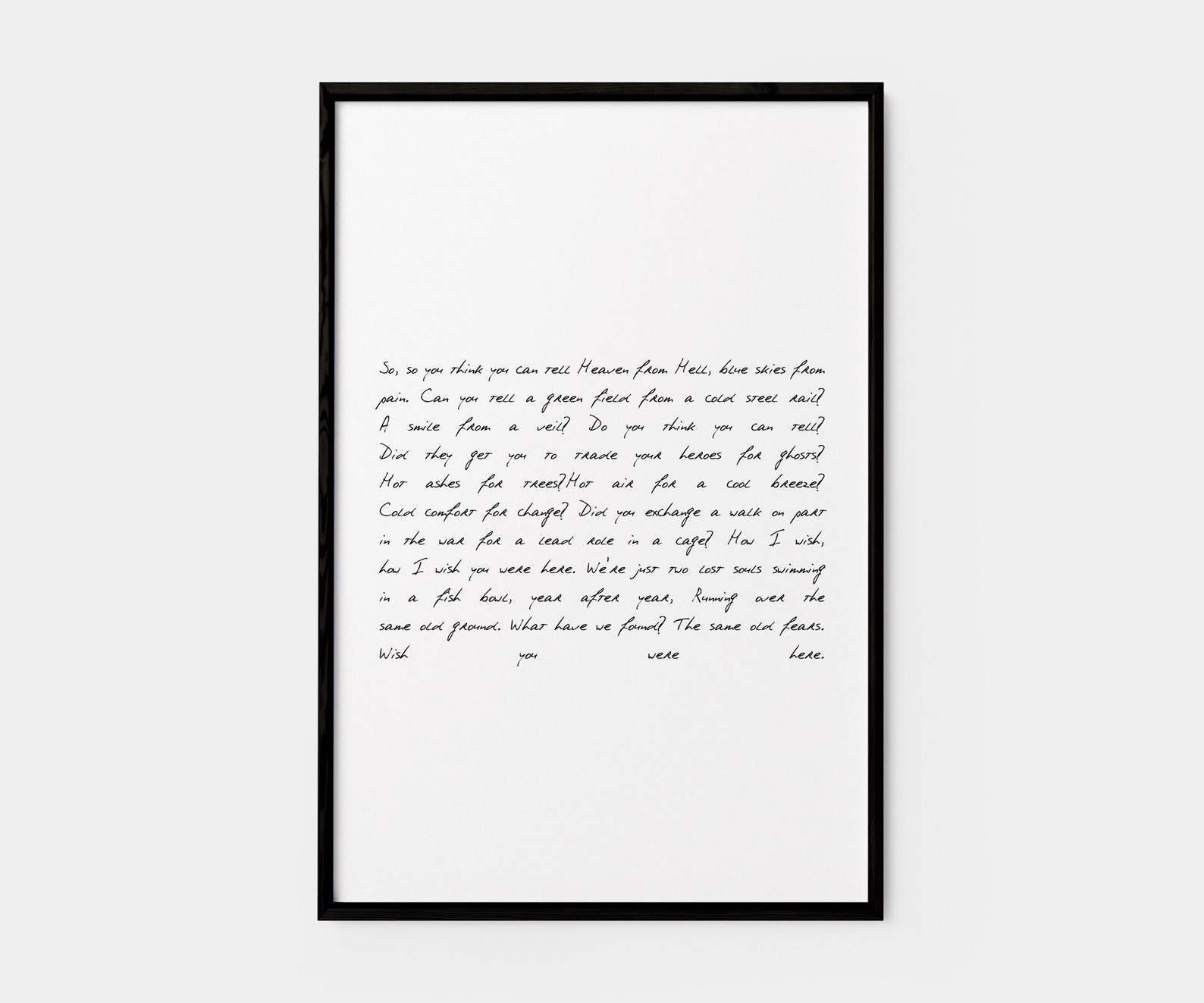 Pink Floyd Wish You Were Here Lyrics Wall Art Black & White Etsy