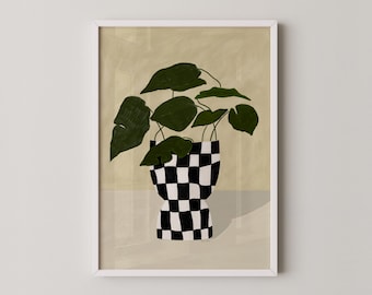 Checkered Plant Pot Print | Still Life Painting | Trendy Home Decor | Botanical Leaf Art | Original High Quality Art By Prints2paper