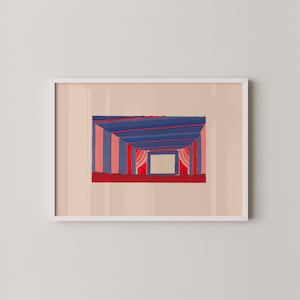 Vintage Theater Poster | Abstrakte Bühnenszene Digitaldruck | Geometrische Kunst in Rot und Blau | Architektur Illustration | Drucke2Papier