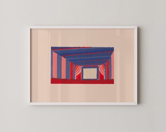 Vintage Theater Print | Abstract Stage Scene Digital Print | Bold Geometric Art in Red and Blue | Architectural Illustration | Prints2paper