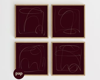 Minimal Line Art Set Of 4 | Abstract Burgundy Prints | Modern Neutral Gallery Wall