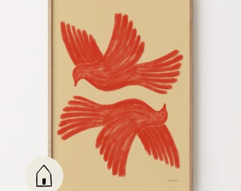 Red Abstract Bird Poster, Handmade Printable Wall Art, Scandinavian Home Decor Ideas