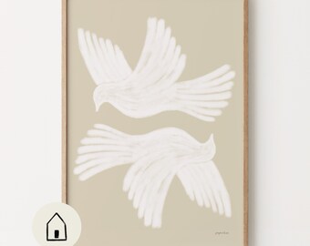 Neutral Abstract Bird Poster, Handmade Printable Wall Art, Scandinavian Home Decor Ideas