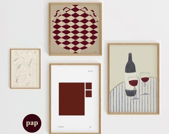 Print Set Of 4 | Contemporary Gallery Wall Art  Burgundy Tones (Digital Download)