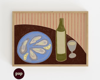 Wine & oysters illustration Print | Handmade poster | Kitchen Art | Printable Human made art By Paperhus