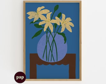 Lillies Print | Handmade poster | Blue Botanical Art | Printable Human made art By Paperhus