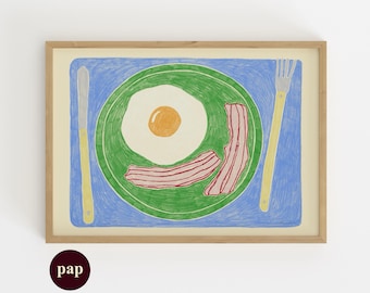 Eggs & bacon illustration Print | Handmade poster | Kitchen Art | Printable Human made art By Paperhus