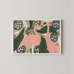 Tropischer Flamingo Kunstdruck | Verspielte Dschungel Illustration | Lebendige Wanddekoration | Horizontale Kunst | Tier Kunst | Drucke2Papier