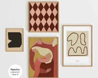 Hand gezeichnete Wandkunst | Zeitgenössische Galeriewand | Set aus 4 Drucken von Paperhus