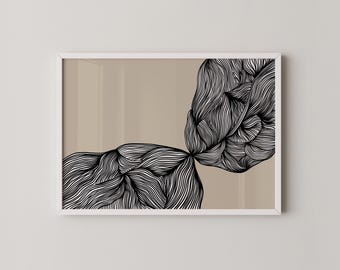 Intricate Black and Beige Abstract Line Art Print | Modern Minimalist Wall Decor | Horizontal Above The Bed Art | Prints2paper