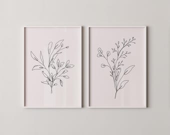 Duo de dessins au trait botanique minimaliste | Dessins de plantes élégants pour une décoration moderne | Décoration de ferme | Lot de 2
