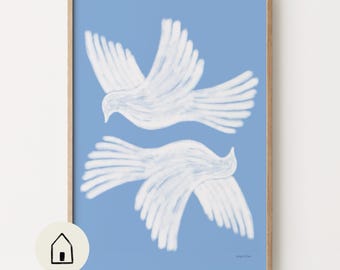 Blue Abstract Bird Poster, Handmade Printable Wall Art, Scandinavian Home Decor Ideas