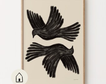 Abstract Black Bird Poster, Handmade Printable Wall Art, Scandinavian Home Decor Ideas